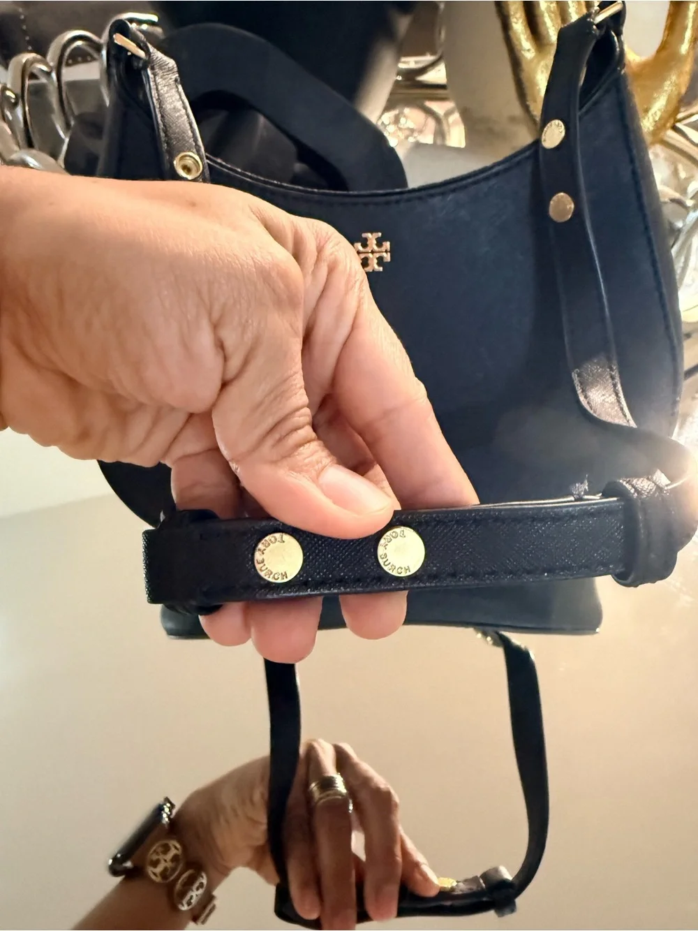 Tory Burch Black emerson  Saffiano Crescent Shoulder Bag with Gold Hardware